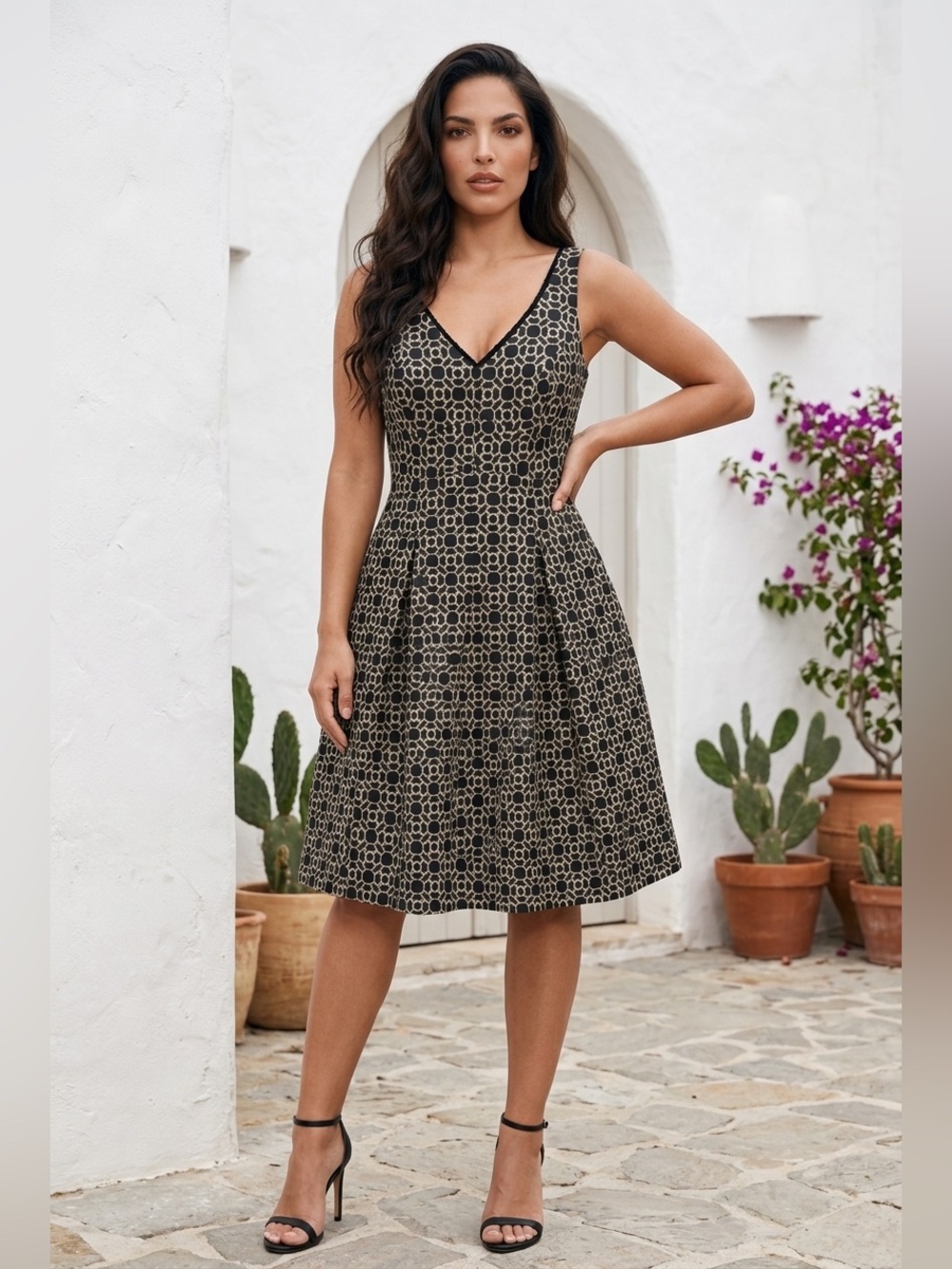 #83 Lauren Ralph Lauren Black Dress with Cream Gold Geometric Floral Print